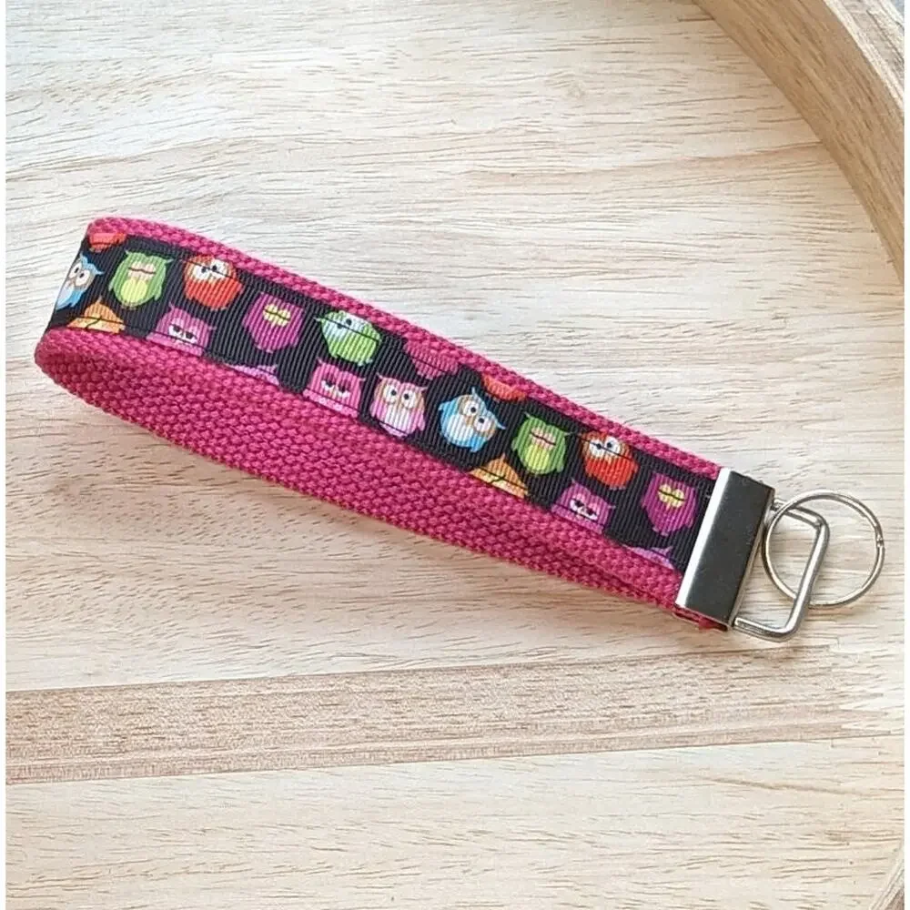 Owl Keychain Wristlet Fabric Key FOB  Gift Present New Driver Colorful Owls Hoot